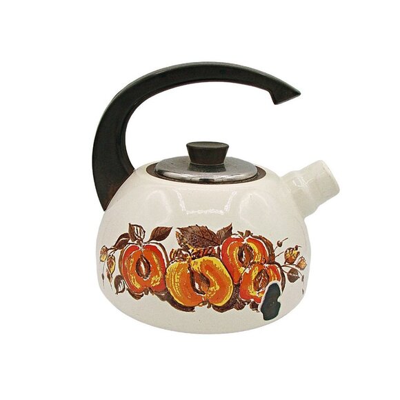 1970 JMP Enamelware Tea Kettle Water Kettle MCM Fruit Design Orange Brown Yellow - Picture 3 of 12